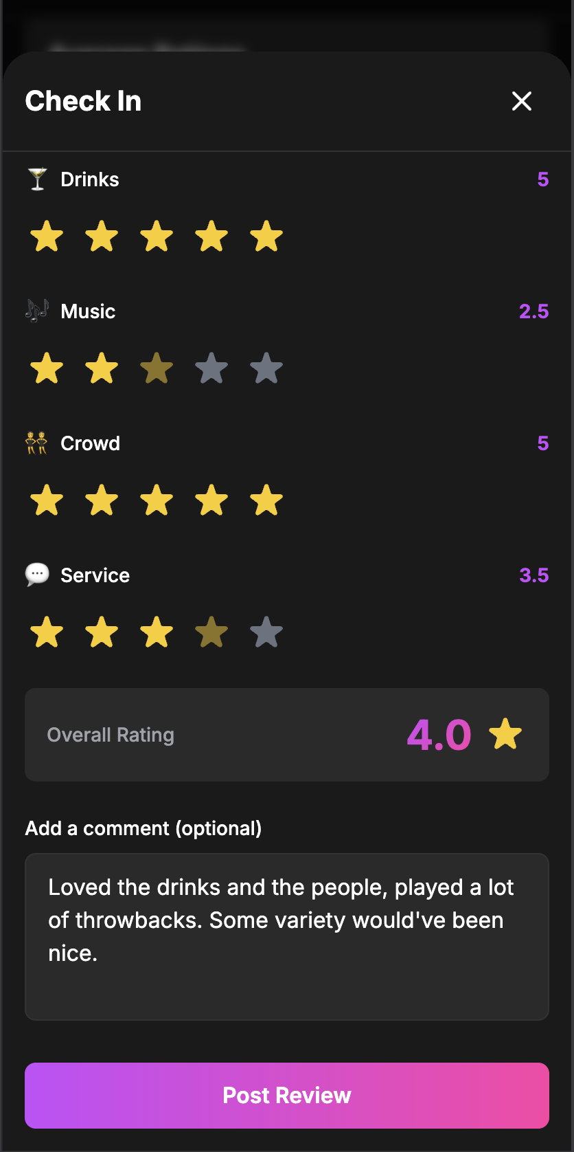 Venue Rating Interface